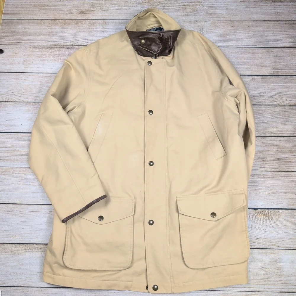 VTG Polo Ralph Lauren M FieldbJacket XL Tan Brown Leather Trim‎ Button Up Barn